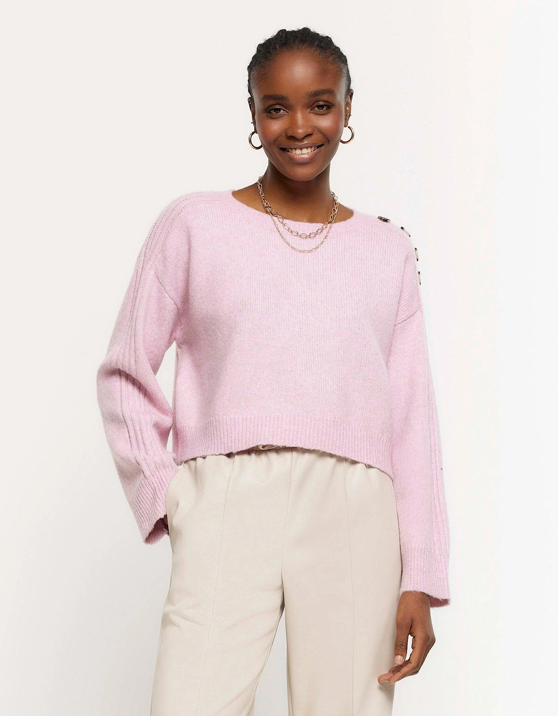 Cropped Button Jumper - Light Pink, 3 of 2