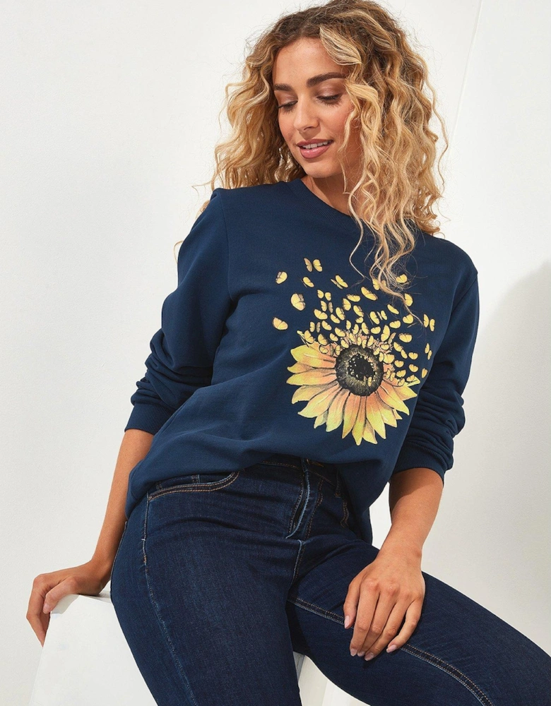 Scattered Sunflower Graphic Sweatshirt - Navy