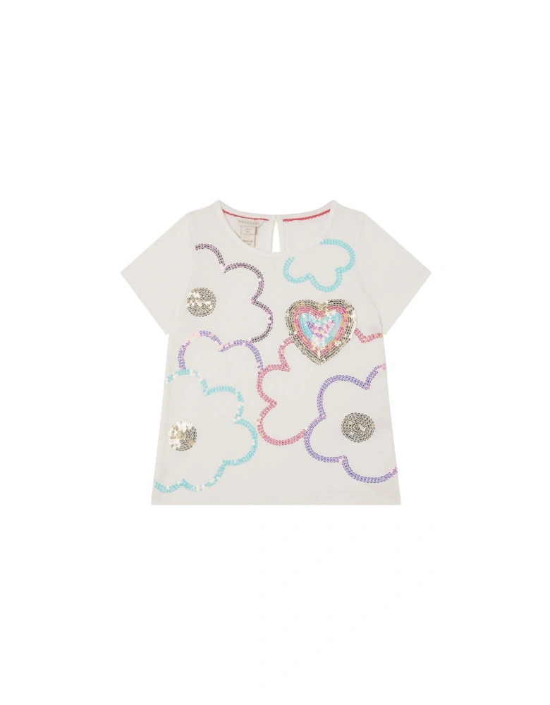 Girls Heart Sequin Pocket Short Sleeve Tshirt - Ivory