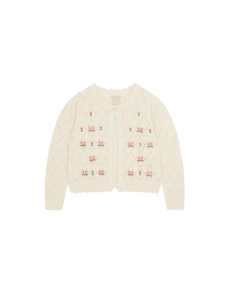 Girls Floral Pointelle Cardigan - Ivory