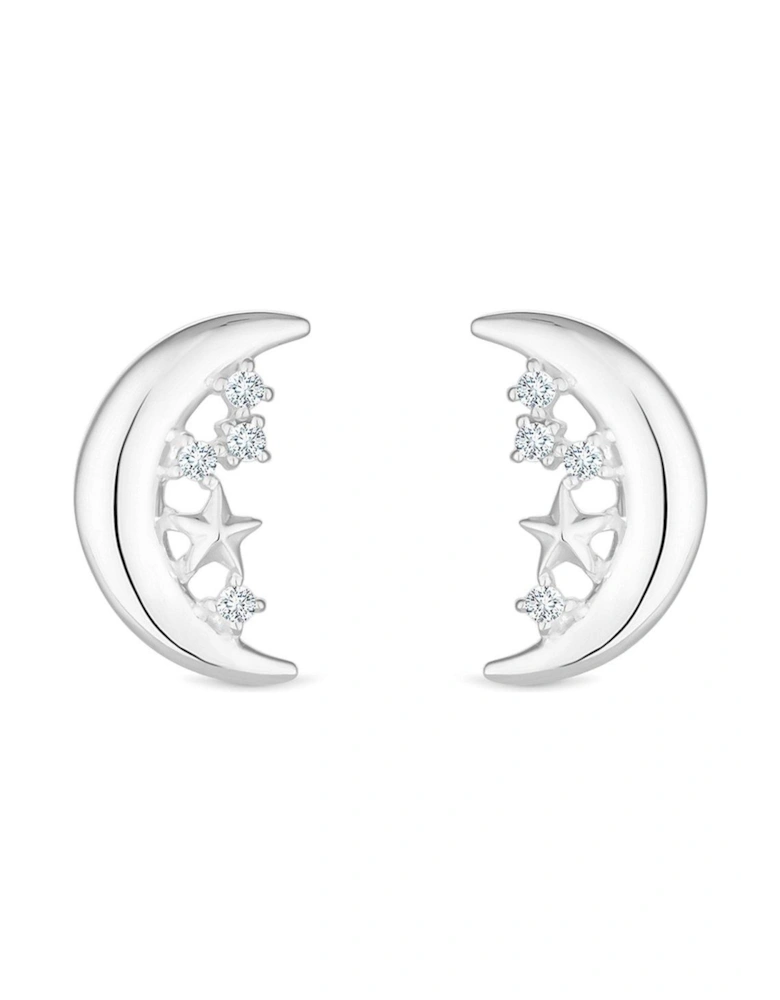 Sterling Silver 925 Polished and Cubic Zirconia Celestial Crescent Earrings