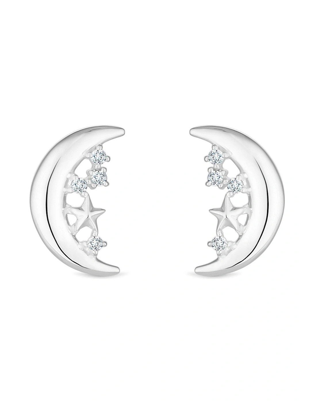 Sterling Silver 925 Polished and Cubic Zirconia Celestial Crescent Earrings, 2 of 1