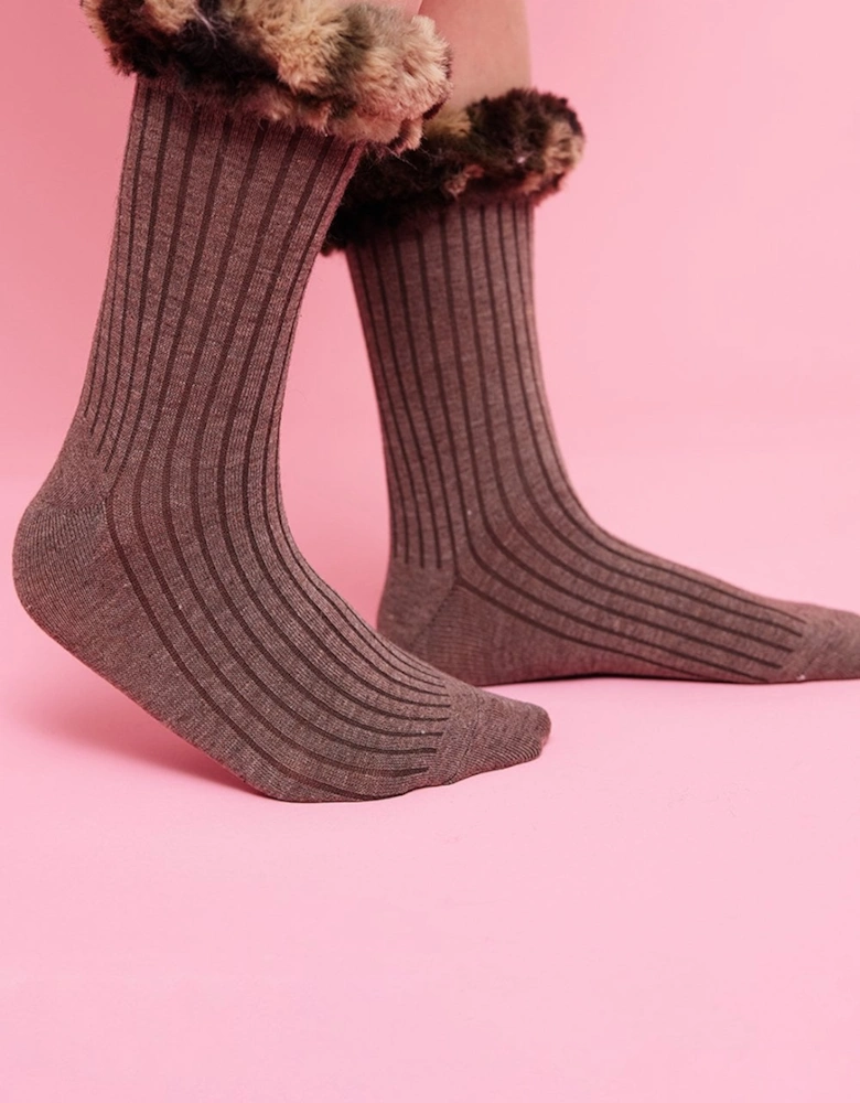 Mocha Camo Socks Faux Fur Trim Socks