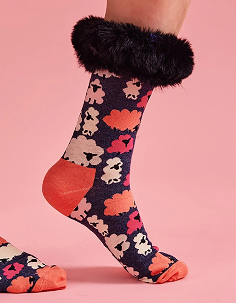 Floral Print Cotton Socks with Faux Fur Trim