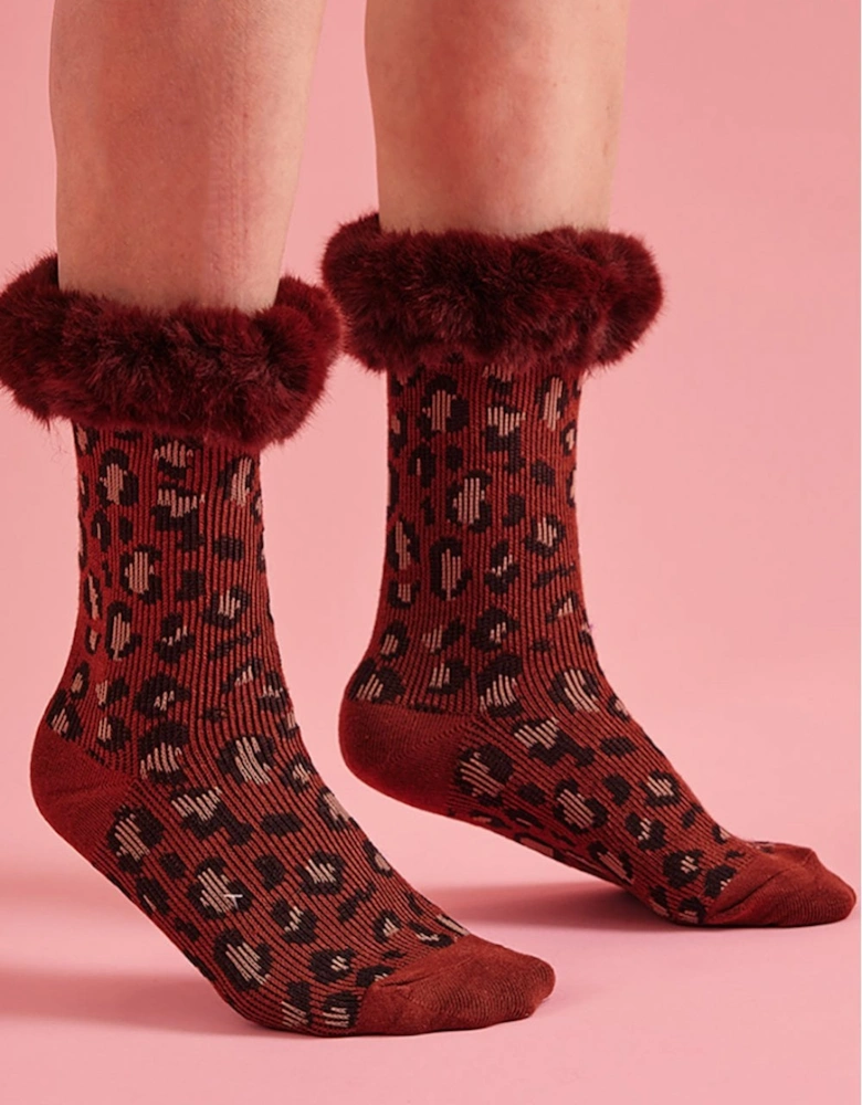 Chocolate Animal Print Socks with Faux Fur Cuffs