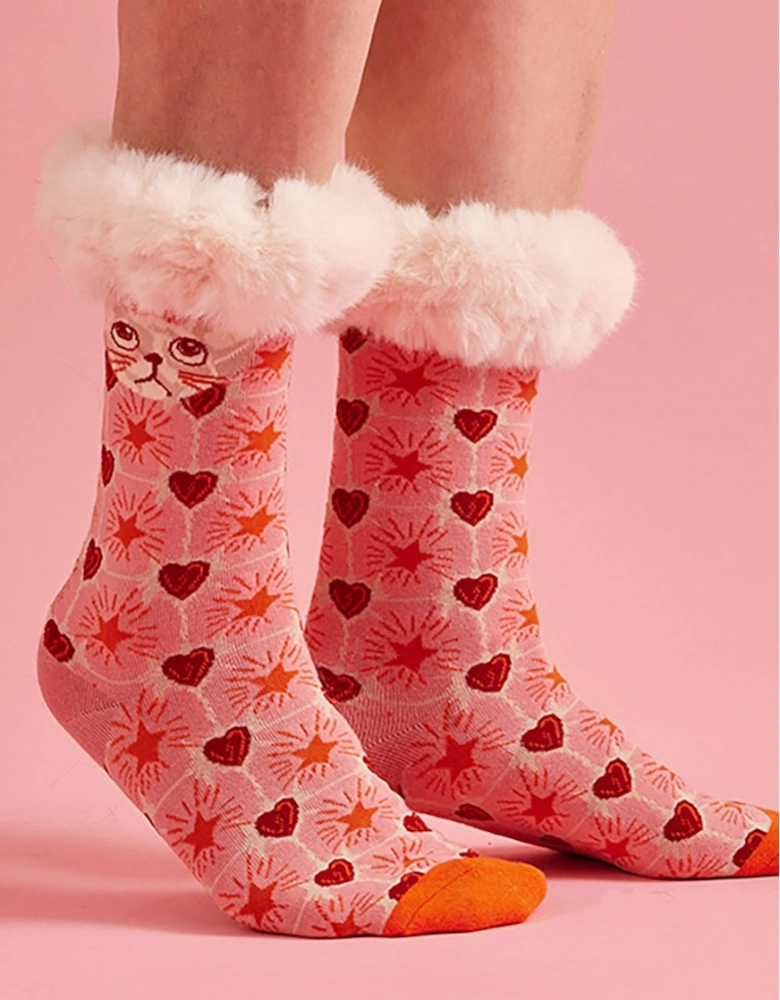 Pink Faux Fur Trim Socks