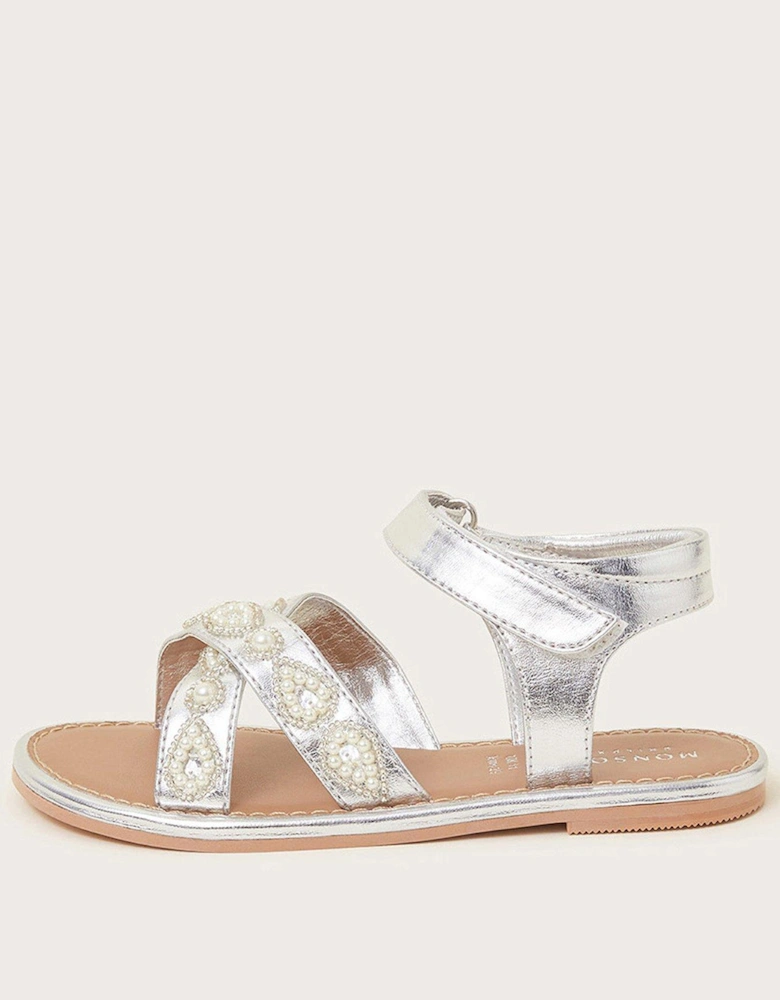 Girls Criss Cross Beaded Pearl Sandals - Silver