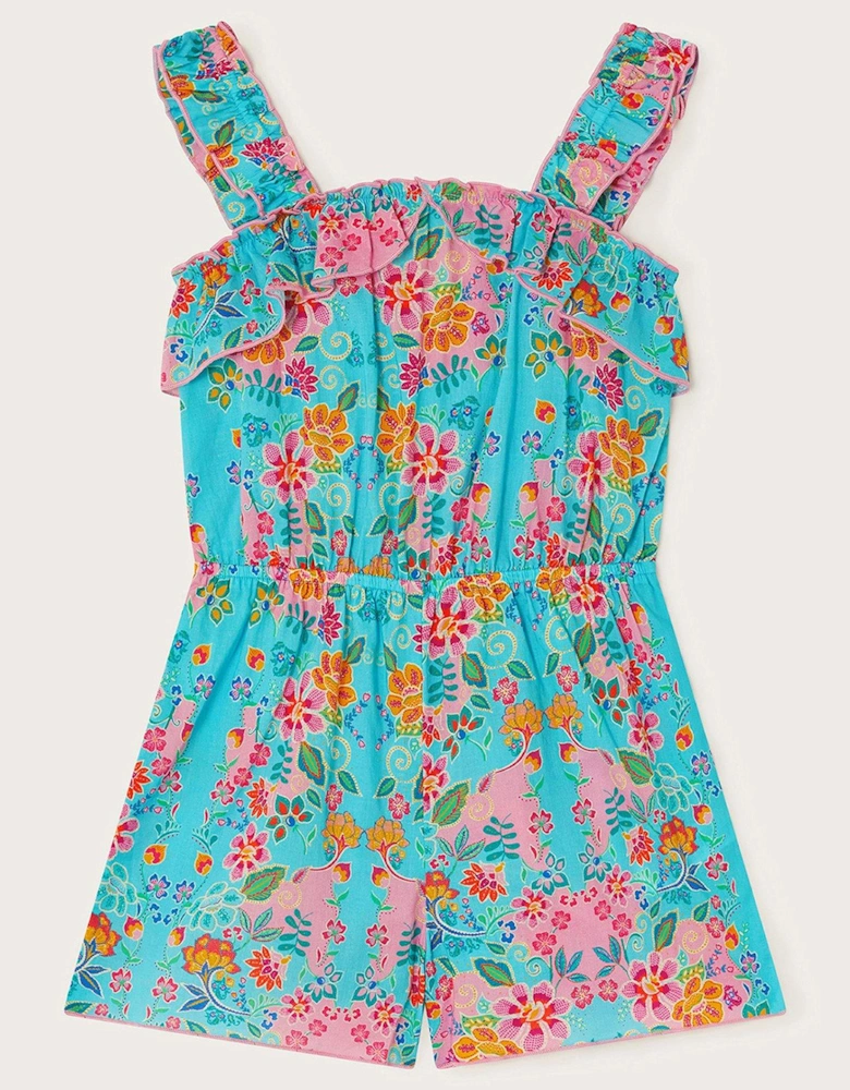 Girls Floral Frill Playsuit - Turquoise