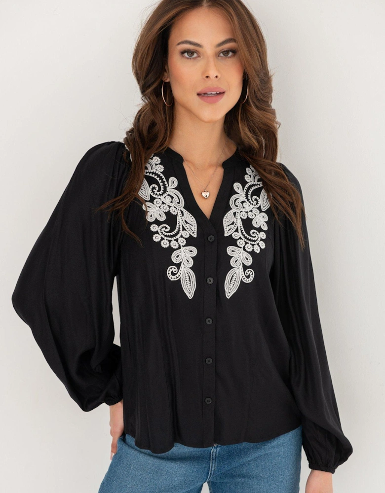 Stacie Embroidered Woven Long Sleeve Blouse - Black/White
