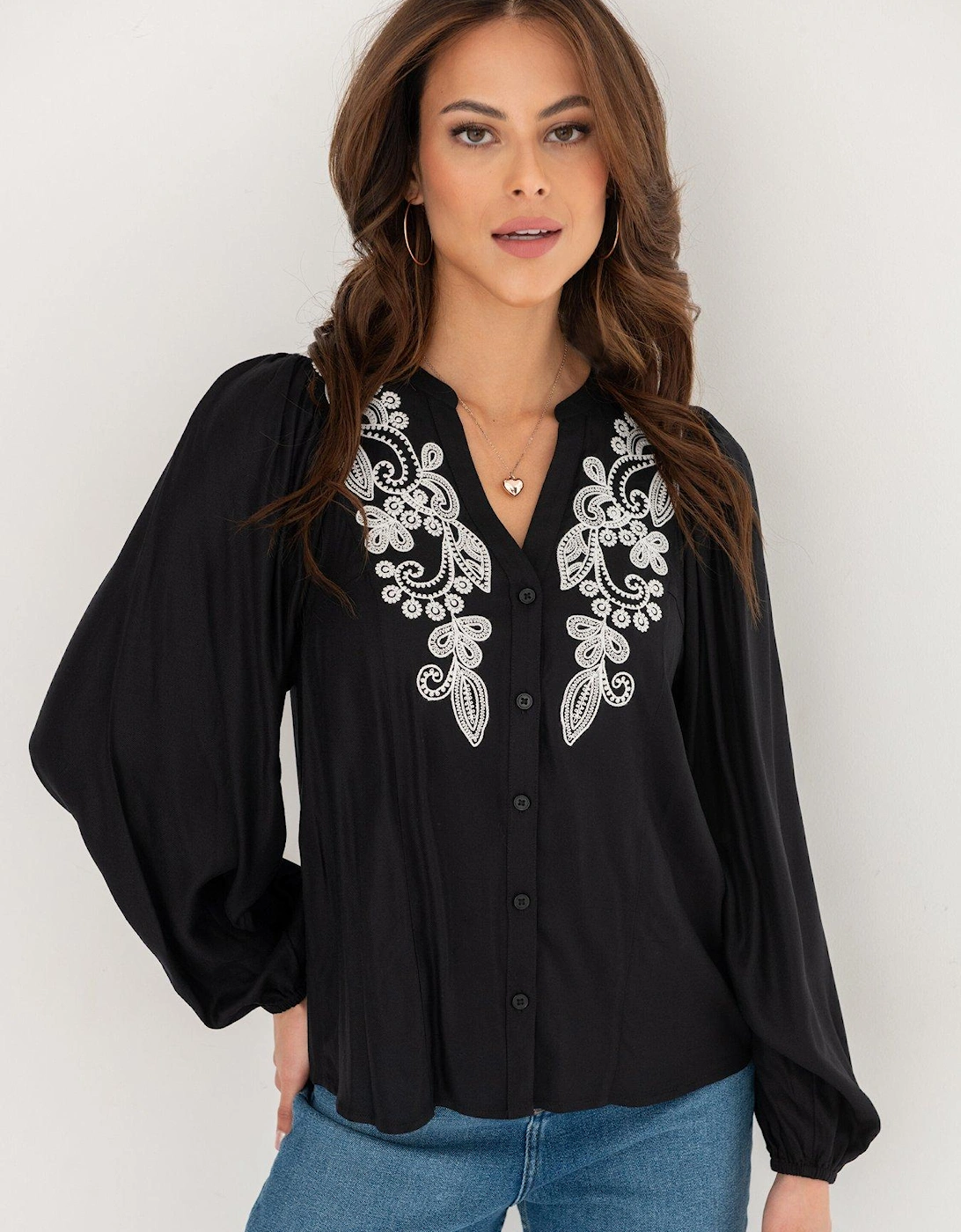 Stacie Embroidered Woven Long Sleeve Blouse - Black/White, 2 of 1