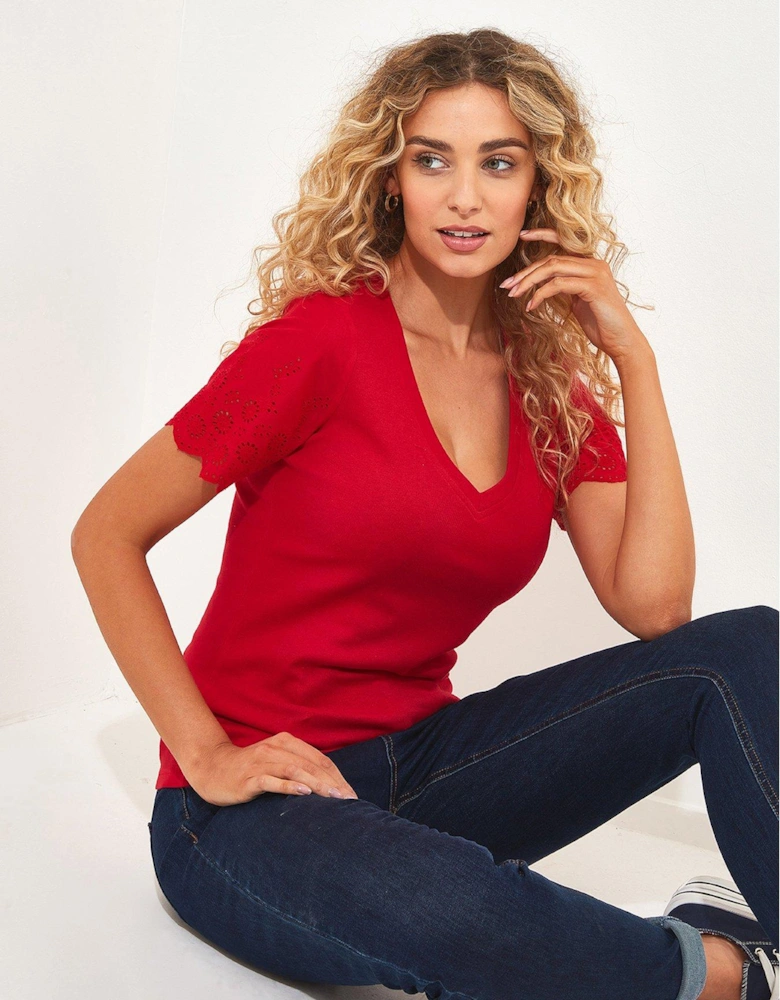 Broderie Sleeve T-shirt - Red