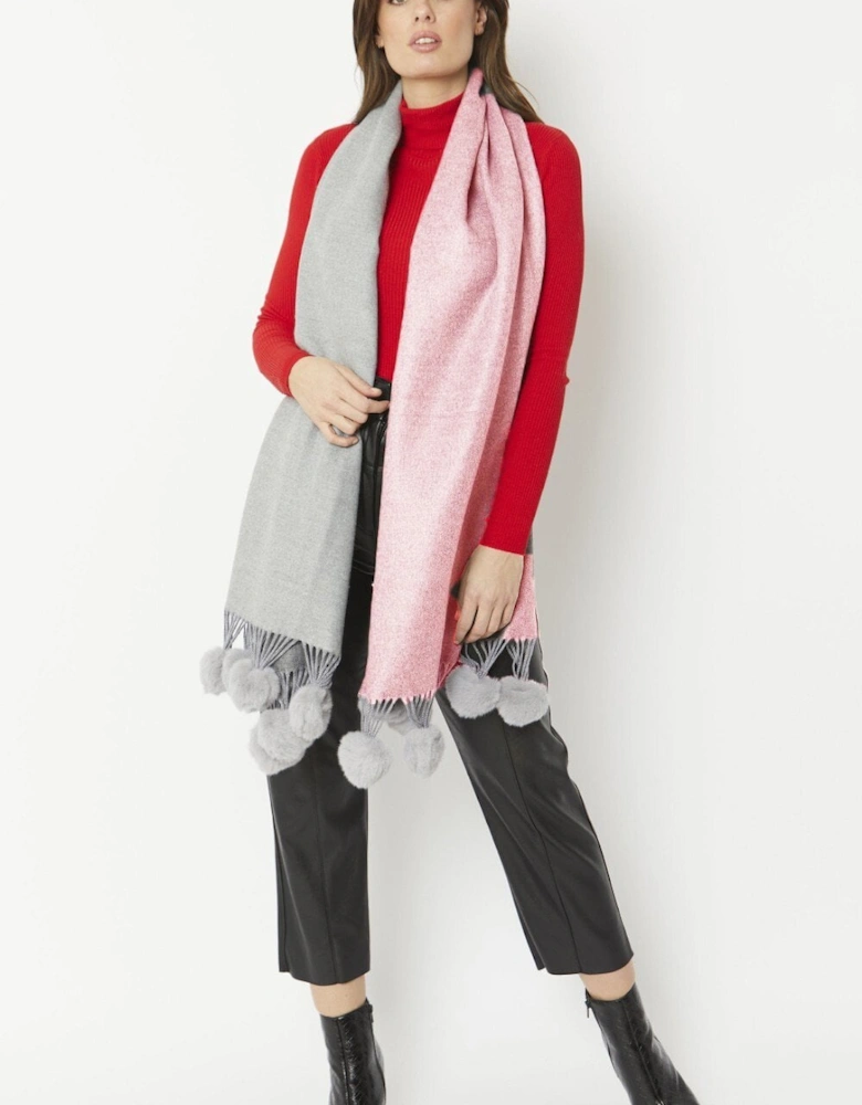Grey and Pink Cashmere Wrap with Pom Poms