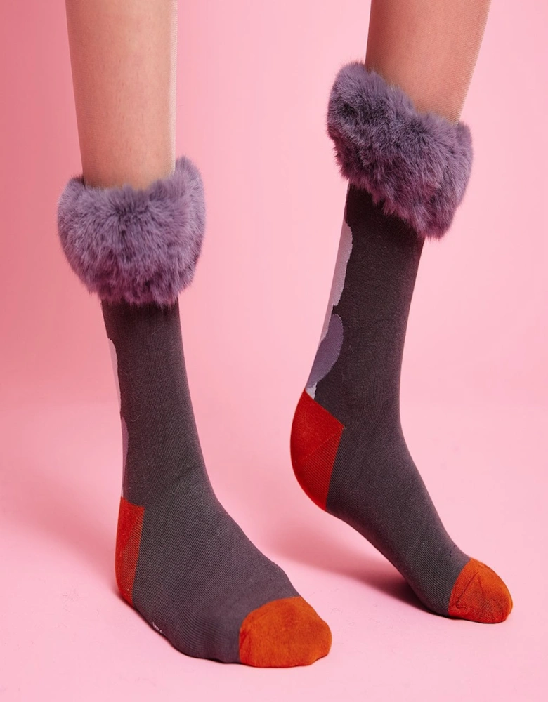Grey Silk Blend Socks with Faux Fur Trim
