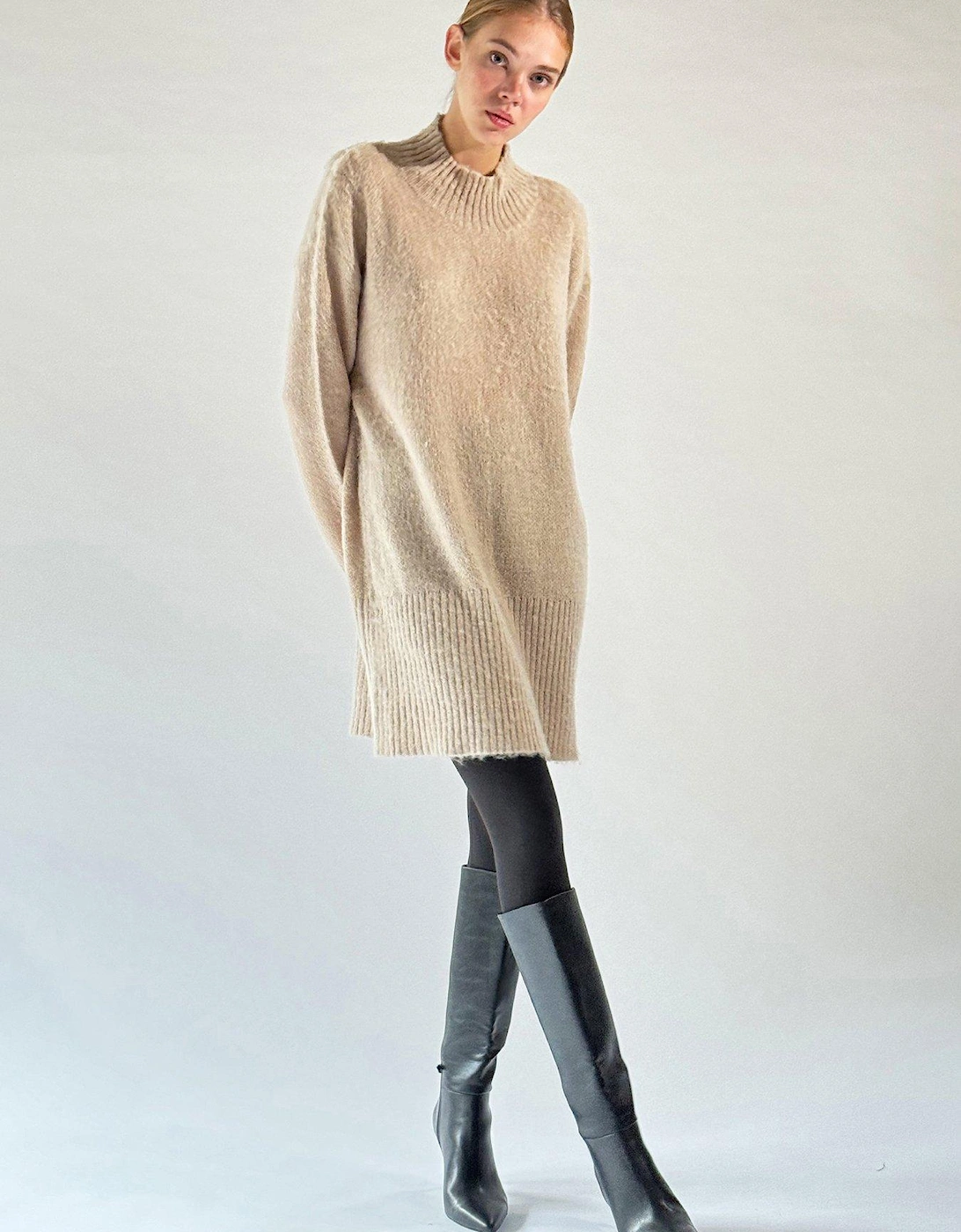Oversized Lux knitted tunic dress with high neck - Beige, 2 of 1