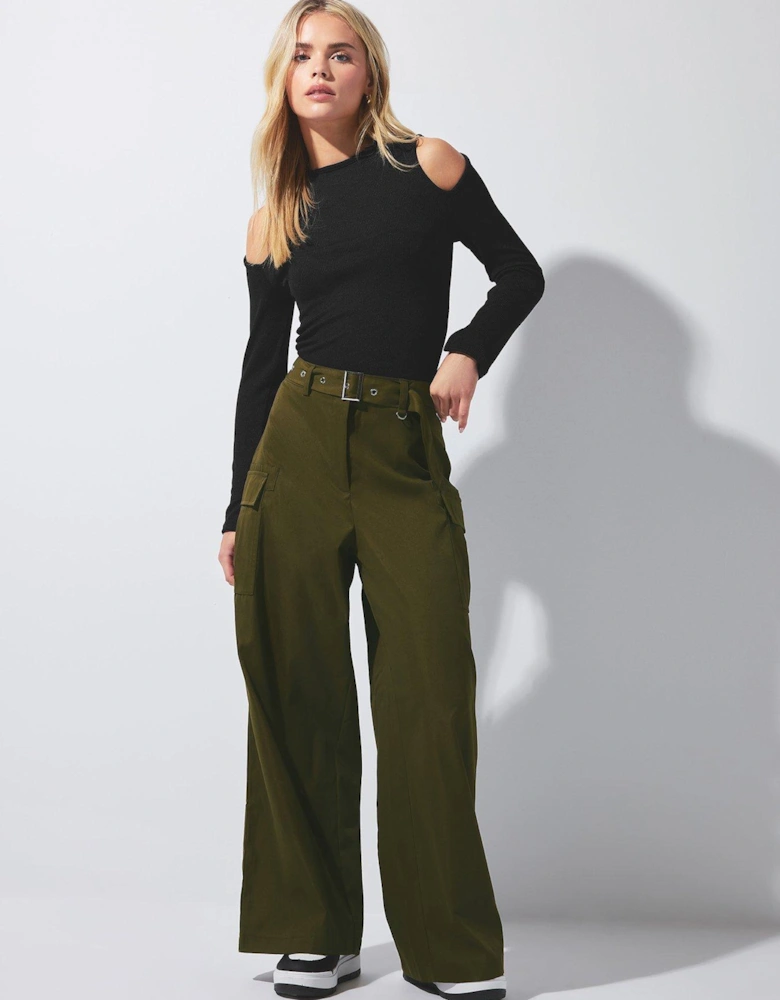 Petite Olive Belted Wide Leg Trousers