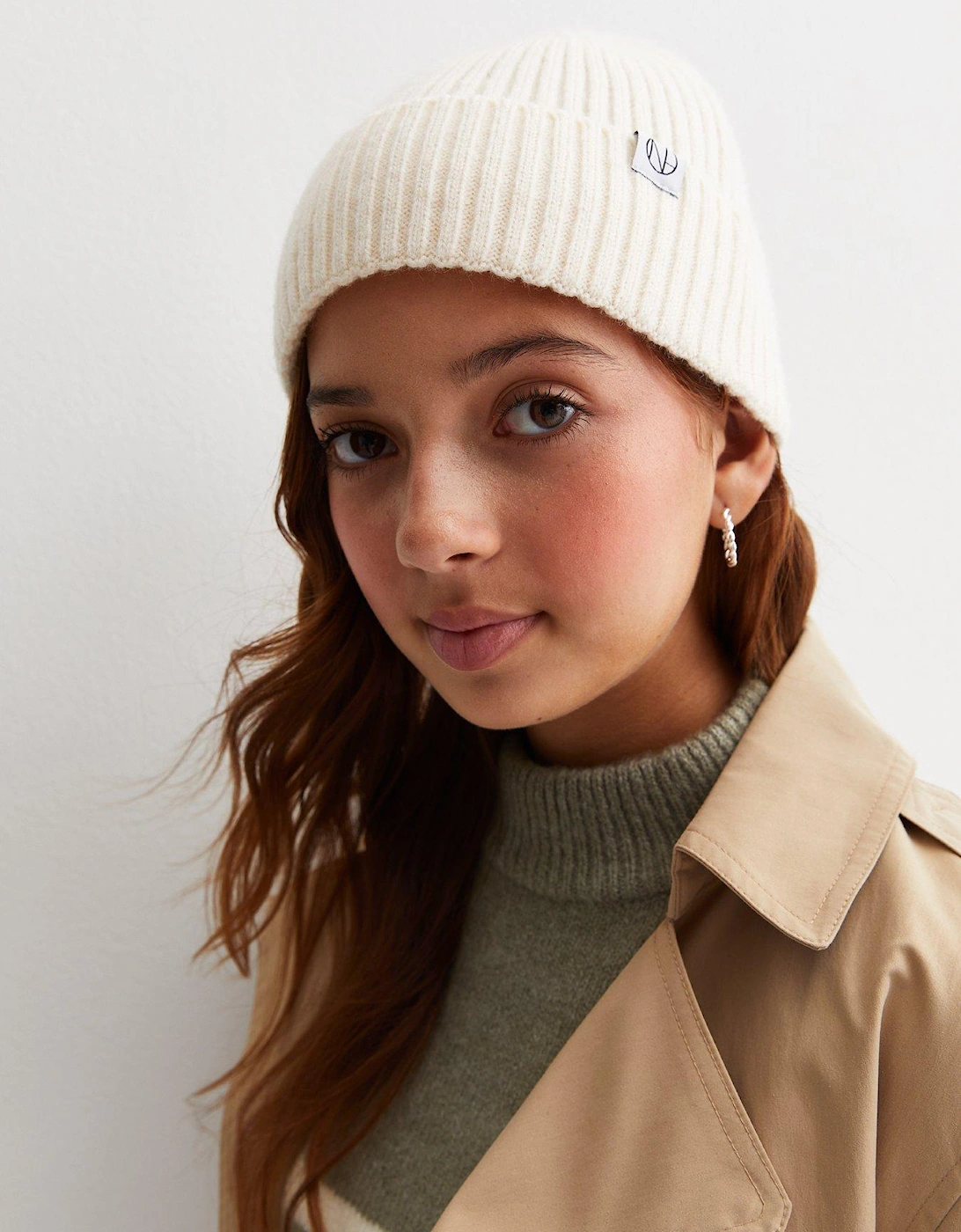 Girls Cream Ribbed Knit Tab Front Beanie