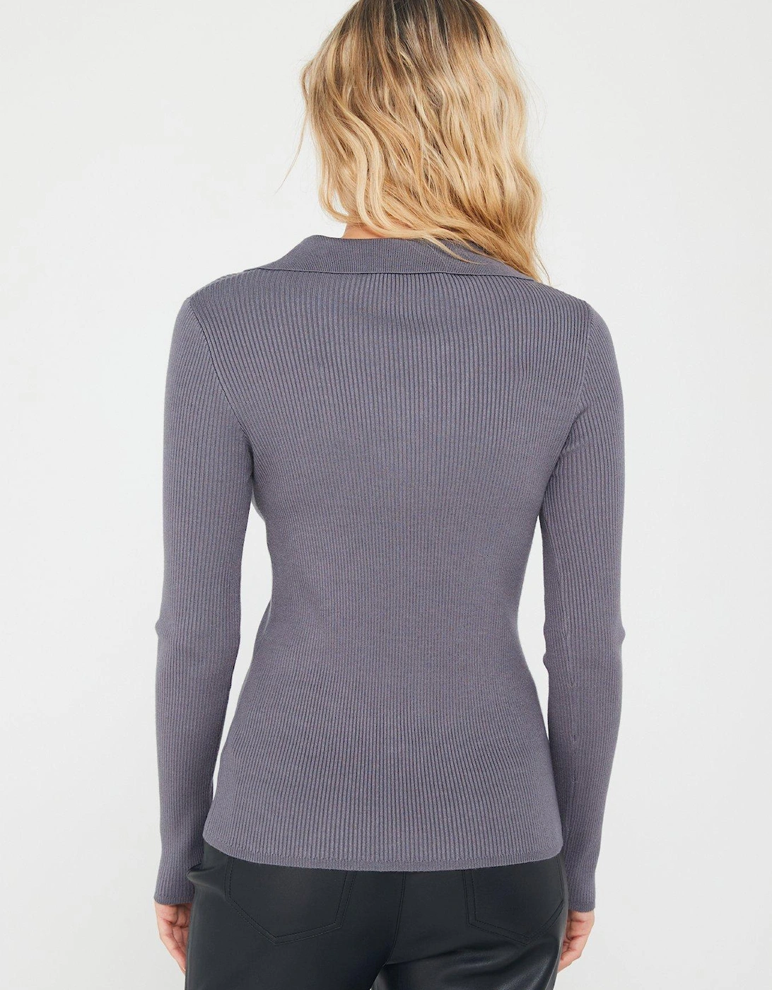 Collared Tie Neck Knitted Rib Jumper - Grey