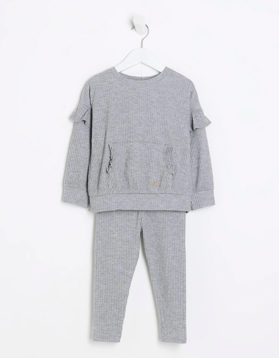 Mini Girl Cosy Rib Frill Sweatshirt Set - Grey