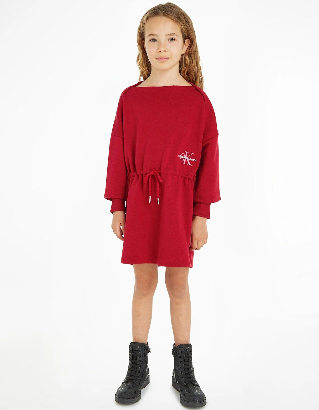 Girls Monogram Off Placed Sweat Dress - Bold Red