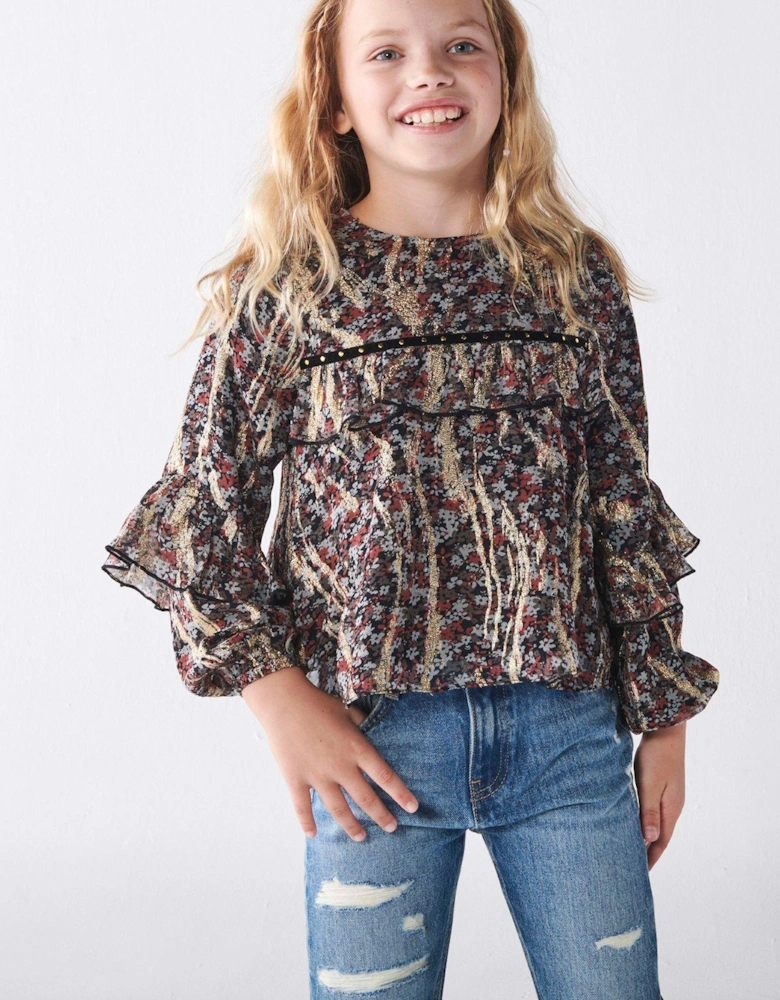 Girls Floral Frill Blouse - Multi