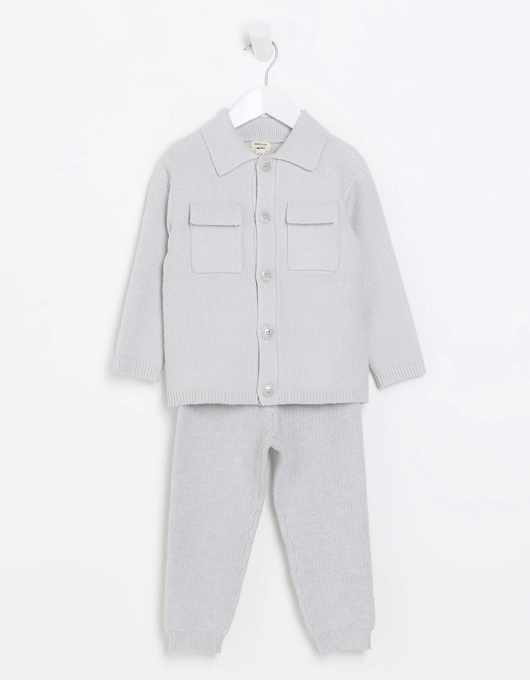 Mini Boys Knit Shirt And Joggers Set - Grey