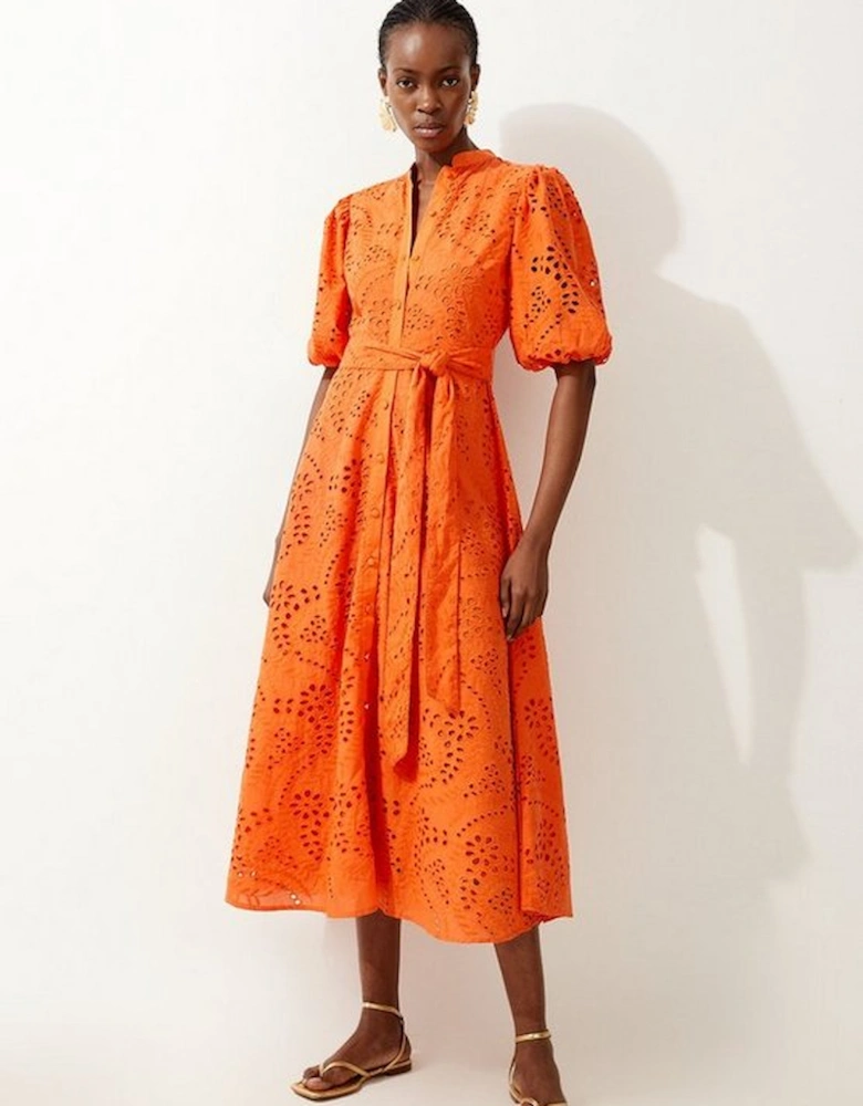 Cotton Broderie Belted Woven Midi Dress