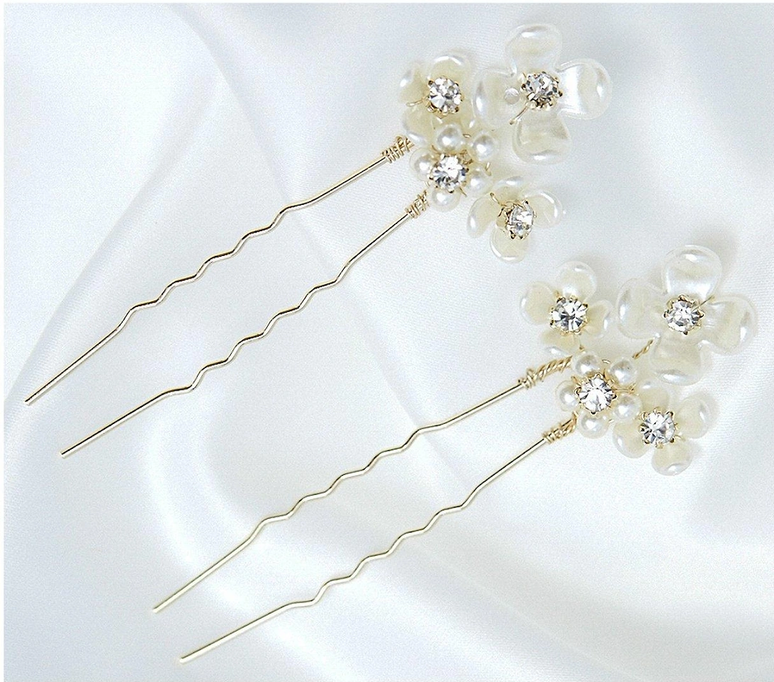 GOLD PLATE WHITE FLORAL HAIR PINS, 2 of 1