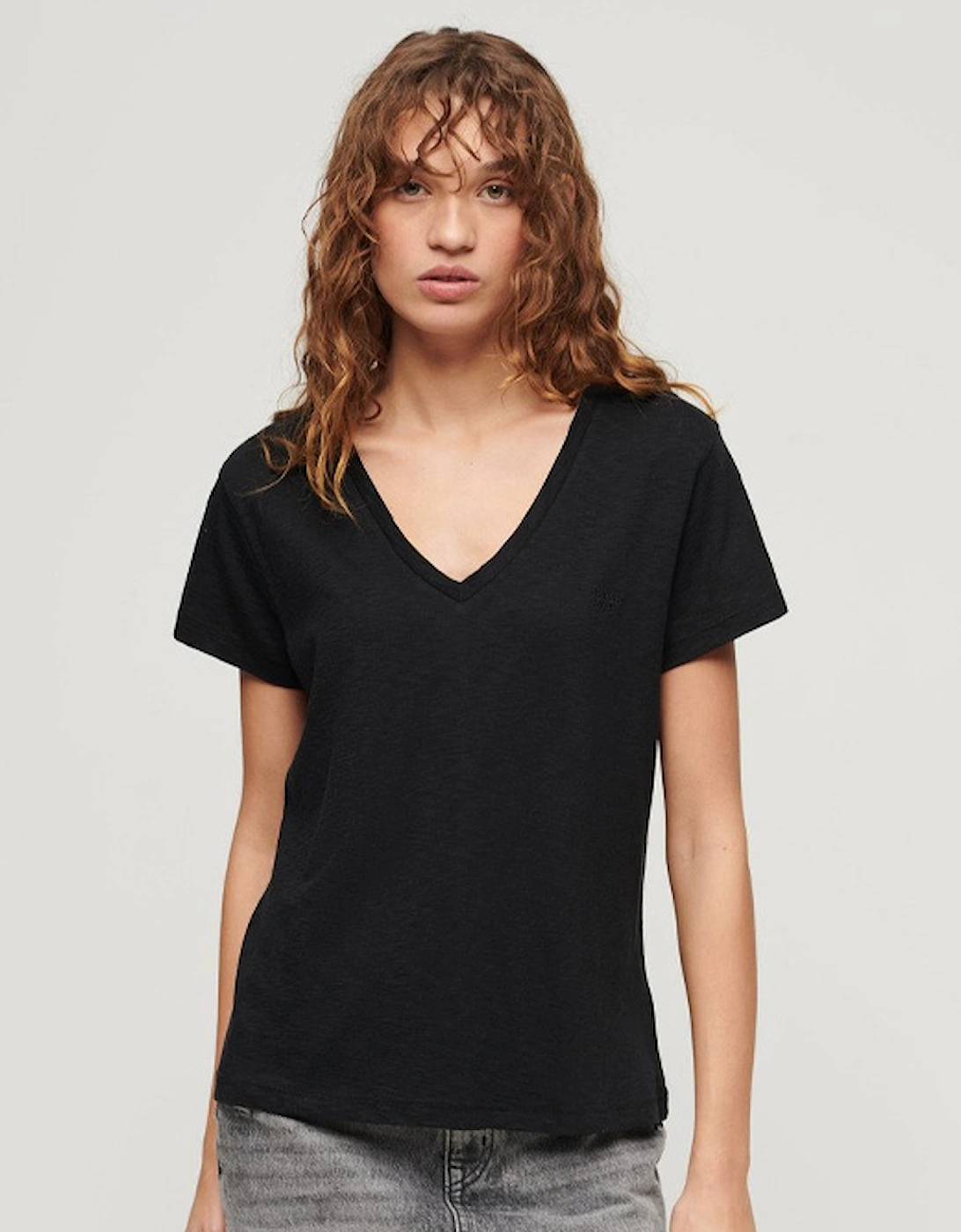 Women's Slub Embroidered V-Neck T-Shirt Black, 7 of 6