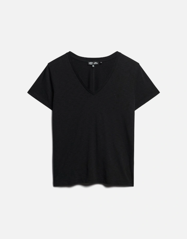 Women's Slub Embroidered V-Neck T-Shirt Black