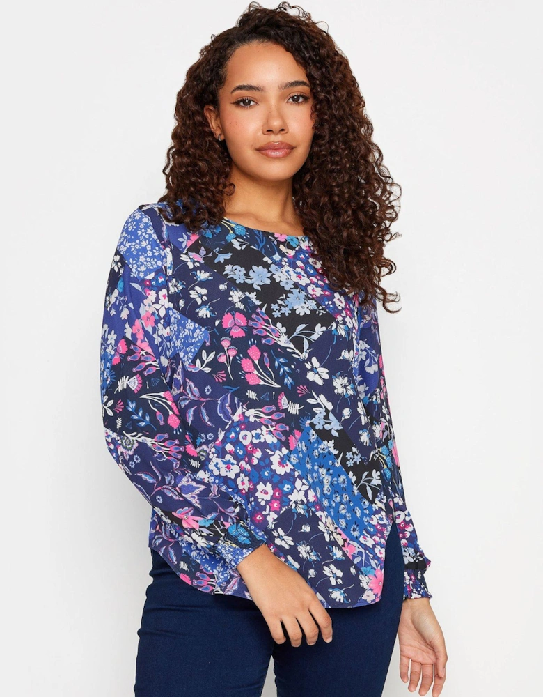 Blue Floral Scarf Print Shirred Cuff Long Sleeve Top