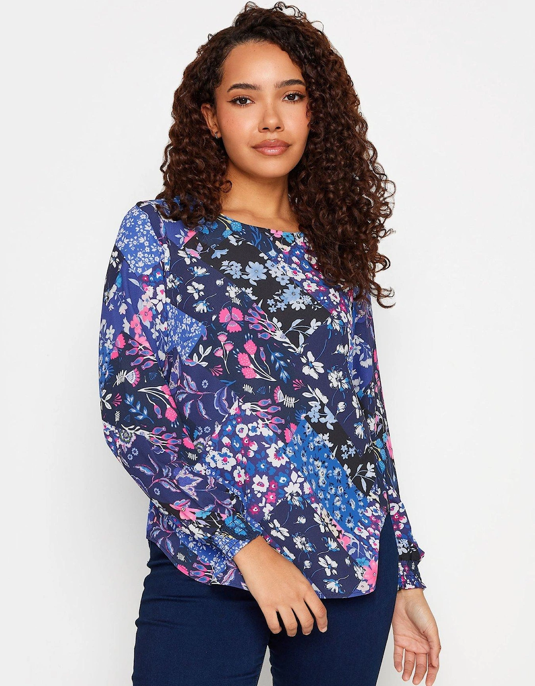 Blue Floral Scarf Print Shirred Cuff Long Sleeve Top, 2 of 1