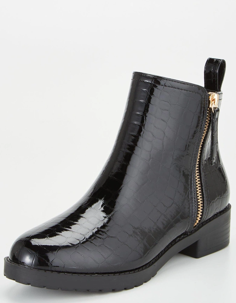 Wide Fit Patent Chunky Zip Ankle Boot - Black