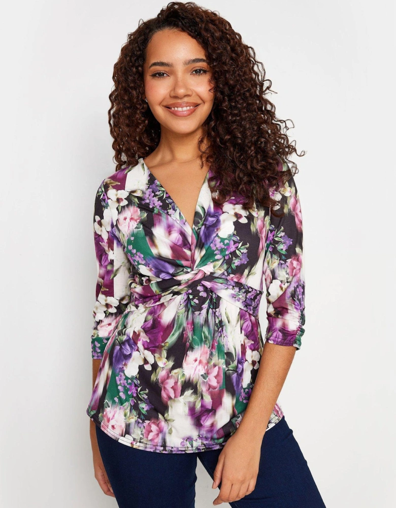 Navy Floral Twist Front Long Sleeve Top