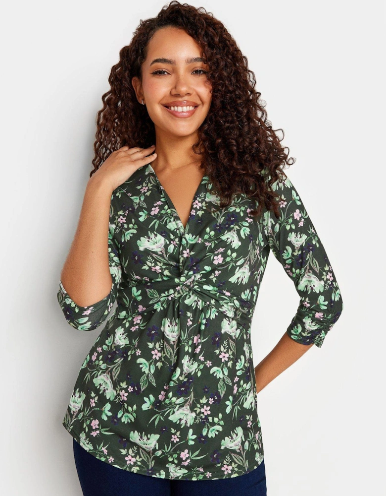 Green Floral Twist Front Long Sleeve Top