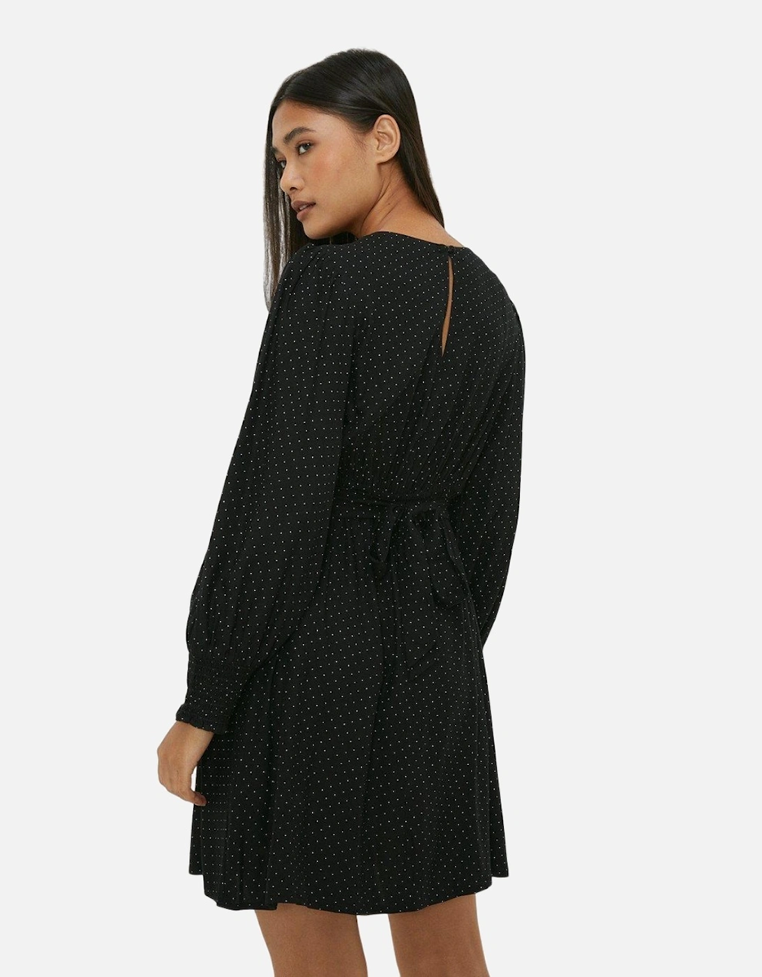Womens/Ladies Spotted Shirred Cuff Petite Mini Dress
