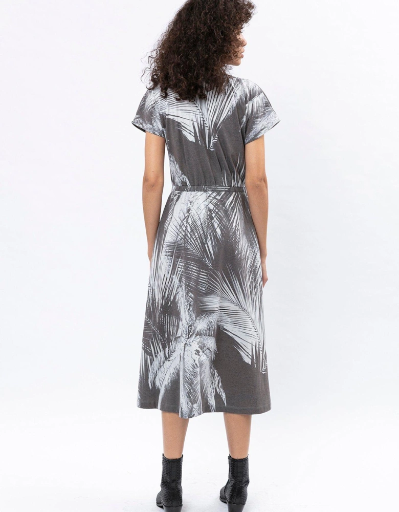 Short Sleeve Palm Print Wrap Midi Dress - Grey
