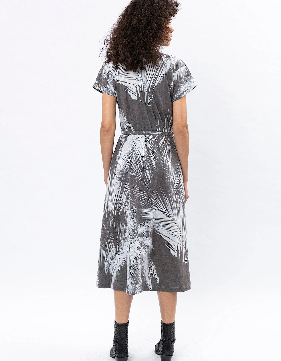 Short Sleeve Palm Print Wrap Midi Dress - Grey