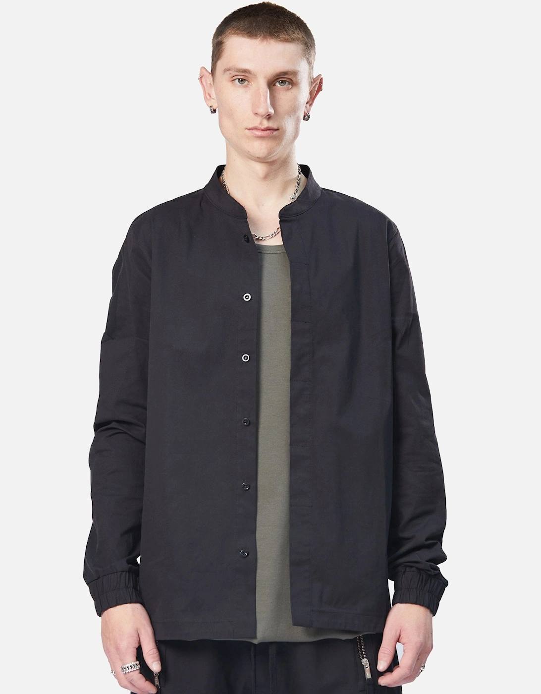 Grandad Nylon Panel Black Shirt