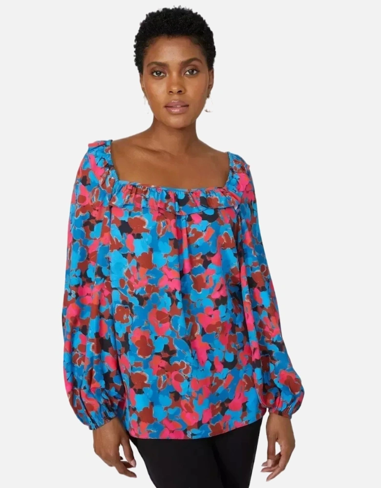 Womens/Ladies Printed Frill Detail Blouse