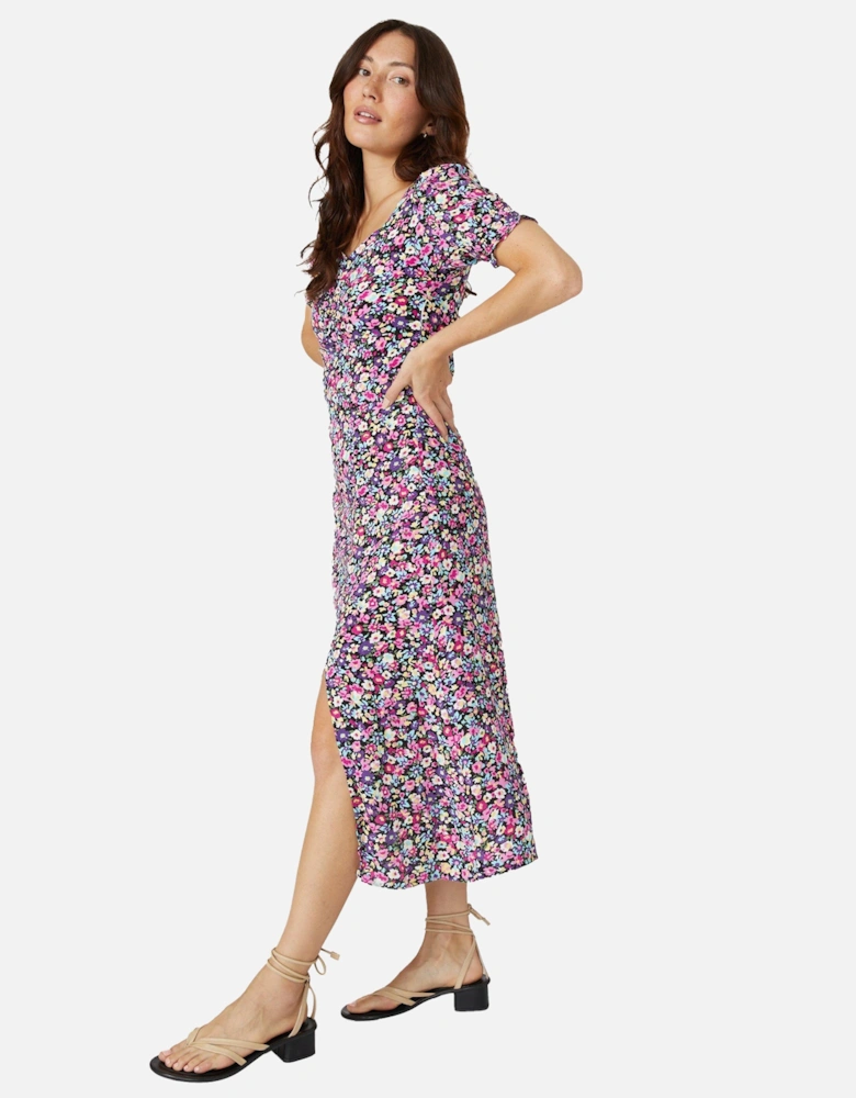 Womens/Ladies Floral V Neck Puffed Midi Dress
