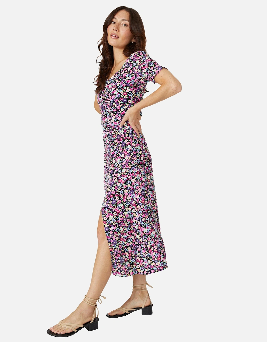 Womens/Ladies Floral V Neck Puffed Midi Dress, 2 of 1