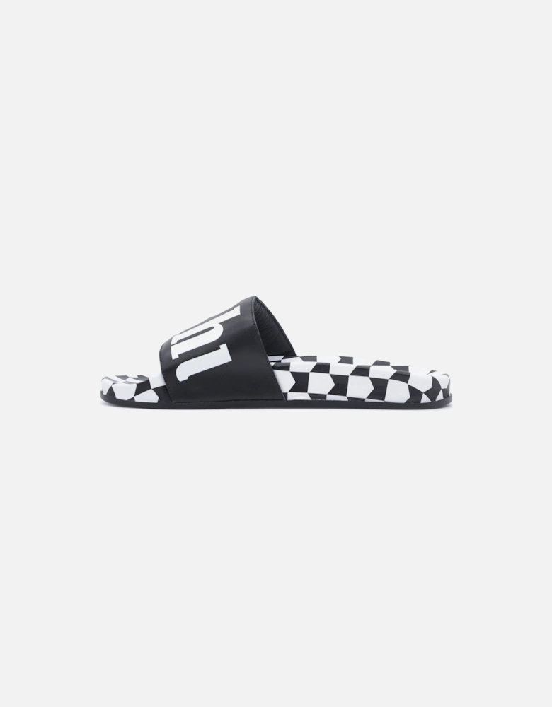 Checkered Leather Sliders Black