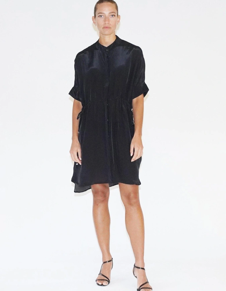Loose Fitting Tunic Shirt Dress With Tie Waist - Black