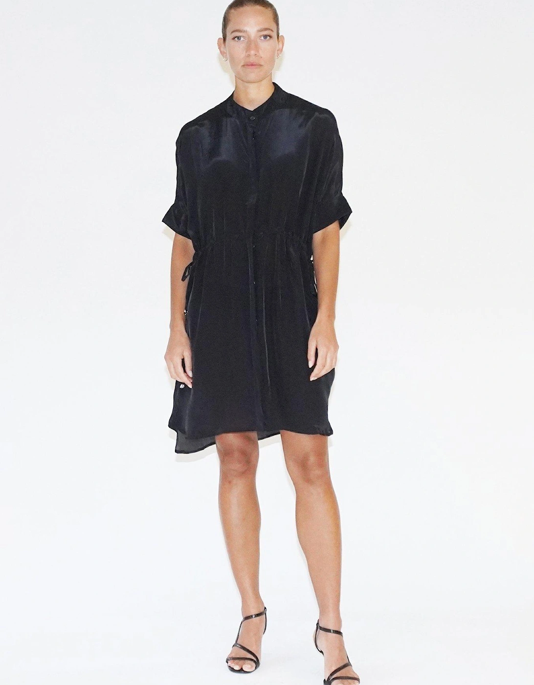 Loose Fitting Tunic Shirt Dress With Tie Waist - Black, 7 of 6