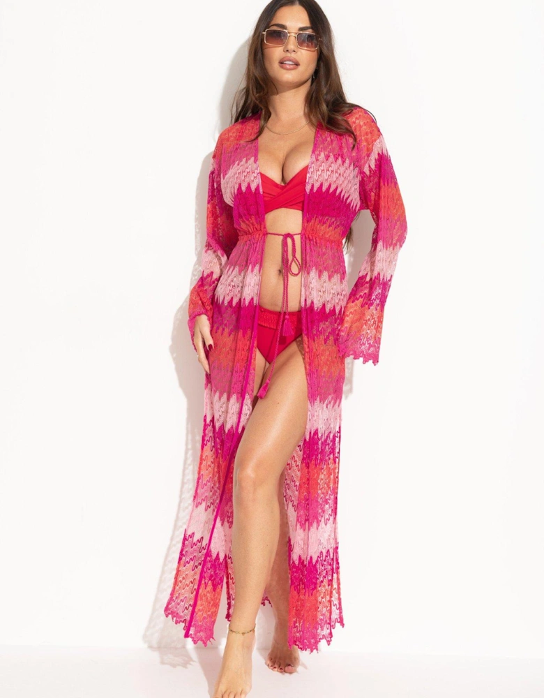 Colour Block Crochet Co-ord Maxi Beach Kimono - Multi