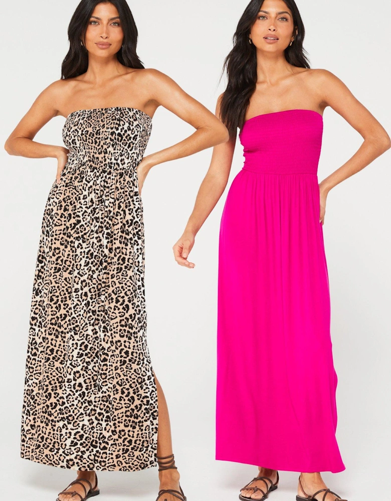 Shirred Beach Maxi Dress 2 Pack - Pink/ Animal Print