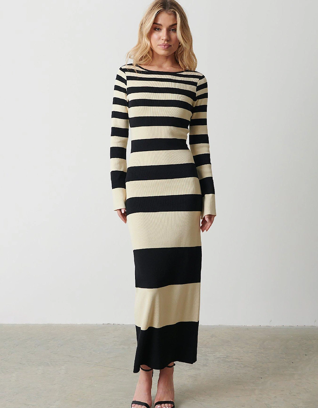 Mila Striped Slash Neck Midaxi Dress - Black/Beige, 3 of 2