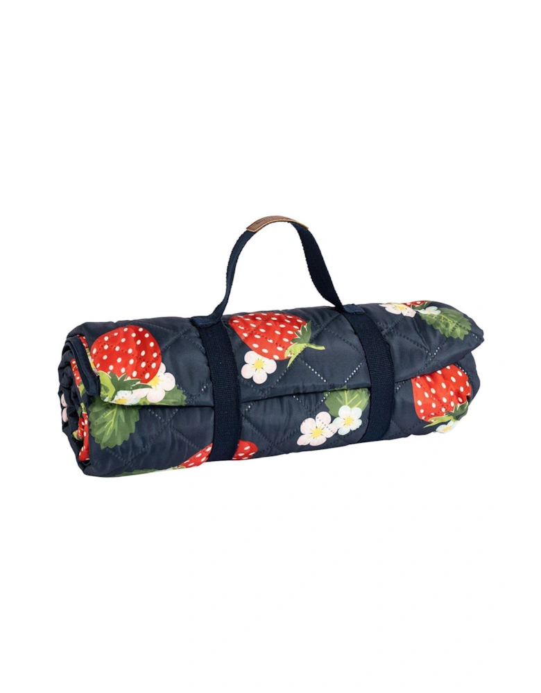 Strawberries & Cream Extra Large Quilted Picnic Blanket with Carry Handle - Navy