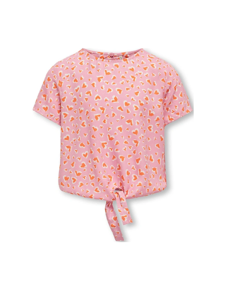 Girls Heart Print Short Sleeve Tie Front Tshirt - Begonia Pink