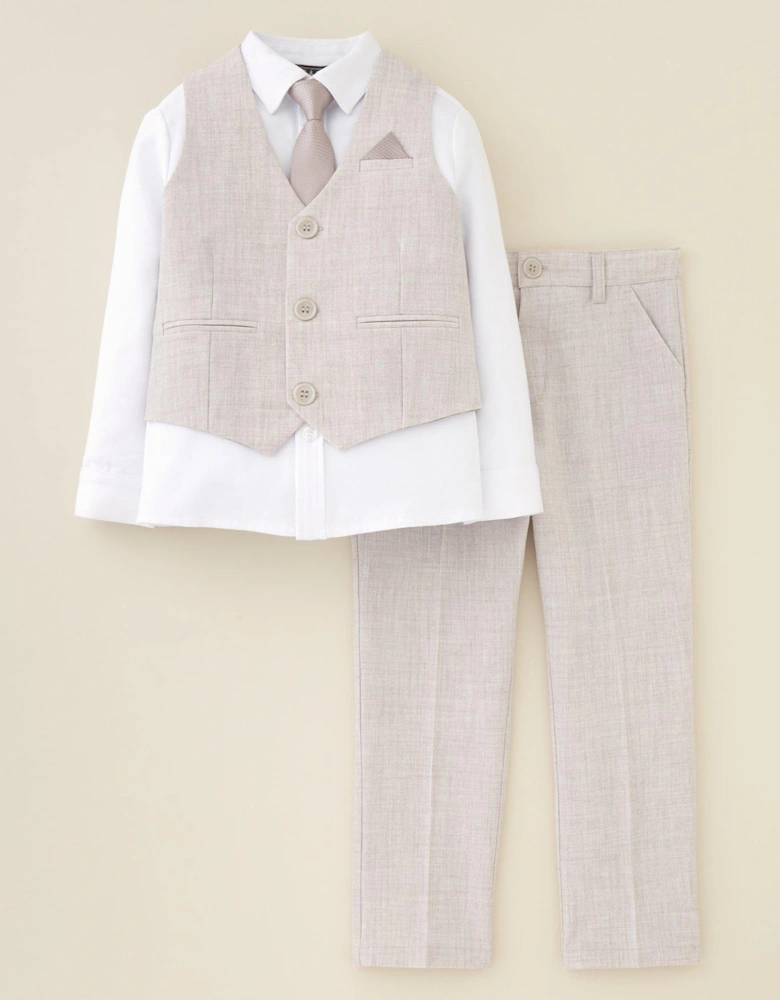 Boys Trouser, Waistcoat, Long Sleeve Shirt and Tie Set - Stone